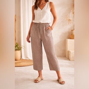 April Cornell 100% Linen Stripe Pants Cottagecore Boho Elastic Waist Coastal